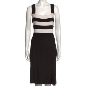 ST.JOHN Black Cream Striped Fitted Halter Zip Back Textured Dress Size 8 EUC